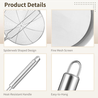 3 PCS Stainless Steel Spider Strainer Set, Long Handle Wire Skimmer Spoon and Fine Mesh Sieves, 304 Steel Kitchen Oil Frying Scoop, Noodle Pasta Strainer for Cooking, Hanging Loop