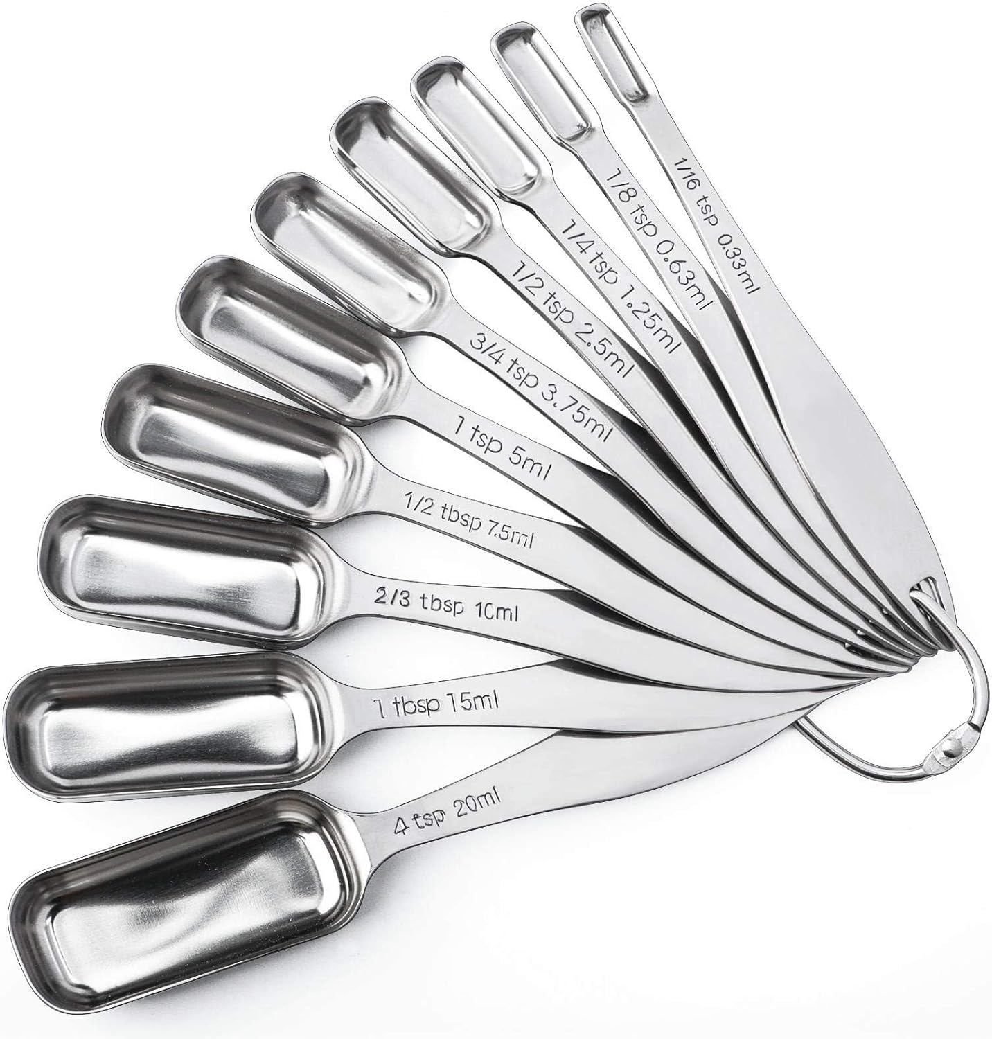 FANGSUN Narrow Measuring Spoons Set of 10, Heavy-Duty Stainless Steel Measuring Spoons with Long Handles & Engraved Measurements, Fits in Spice Jars, for Baking & Cooking