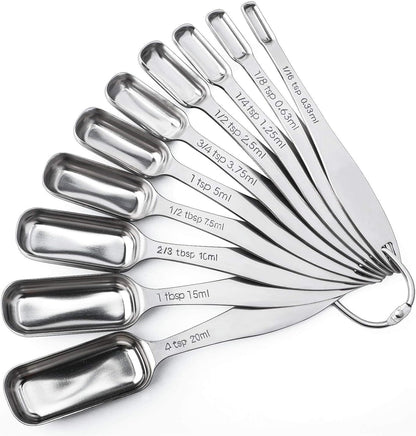 FANGSUN Narrow Measuring Spoons Set of 10, Heavy-Duty Stainless Steel Measuring Spoons with Long Handles & Engraved Measurements, Fits in Spice Jars, for Baking & Cooking