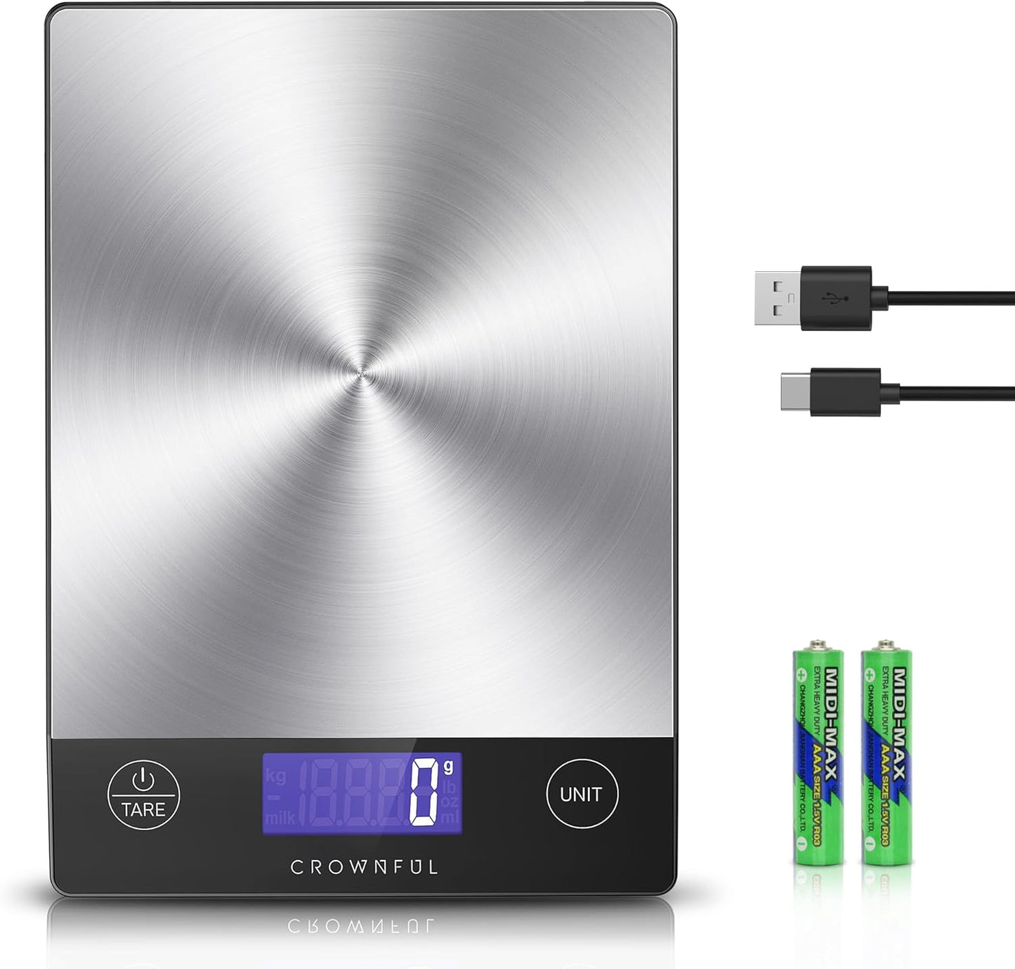 CROWNFUL Food Scale, 33lb Rechargeable 304 Stainless Steel Digital Kitchen Scale Weight Grams and Ounces with LCD Display and Type-C Charging for Meal Prep, Baking and Cooking
