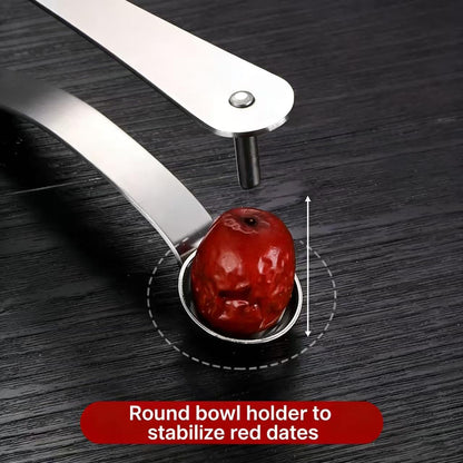 Stainless Steel Red Date Pitter, Multifunctional Cherry & Jujube Core Remover Tool with Round Bowl Holder, Hanging Design for Easy Storage