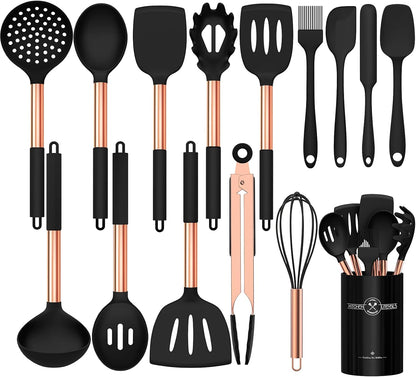 Silicone Cooking Utensil Set, Umite Chef 15pcs Silicone Cooking Kitchen Utensils Set, Non-stick - Best Kitchen Cookware with Stainless Steel Handle - Black Kitchen Utensils