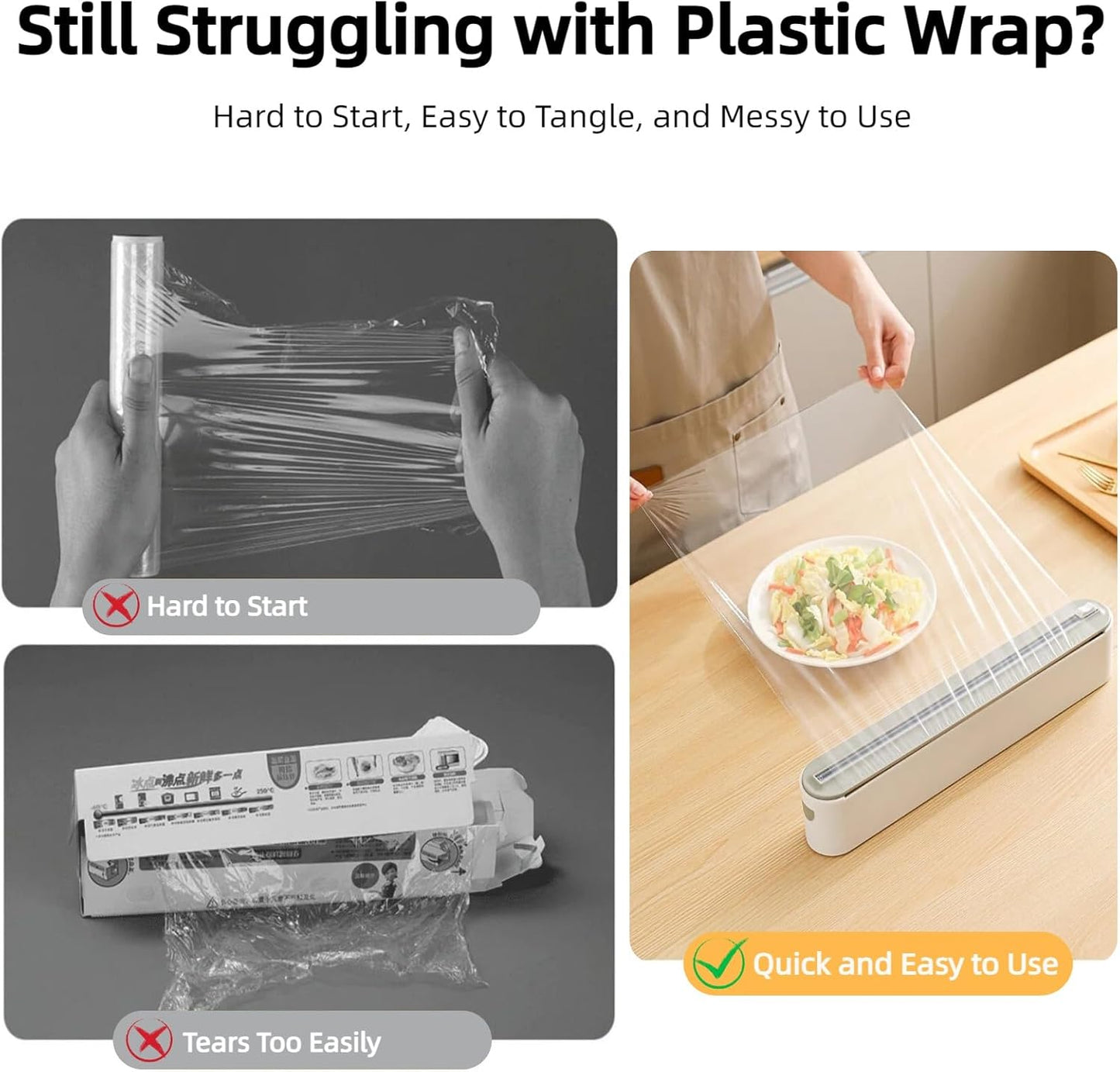 Plastic Wrap Dispenser with Cutter, Includes 100ft of Plastic Wrap, Magnetic Foil and Wrap Organizer for Kitchen, Fits 12" Rolls Up to 1.45" Diameter for Plastic Wrap and Aluminum Foil