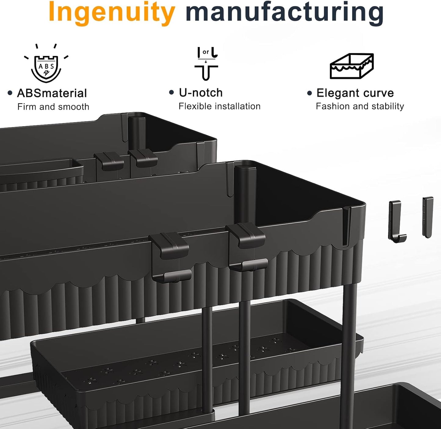Sevenblue 3 Pack Multi-Purpose Pull-Out Storage Organizers, 2-Tier L-Shaped Under Sink/Cabinet Organizers and Storage for Bathroom & Kitchen, (Black, 12.85 Inches)