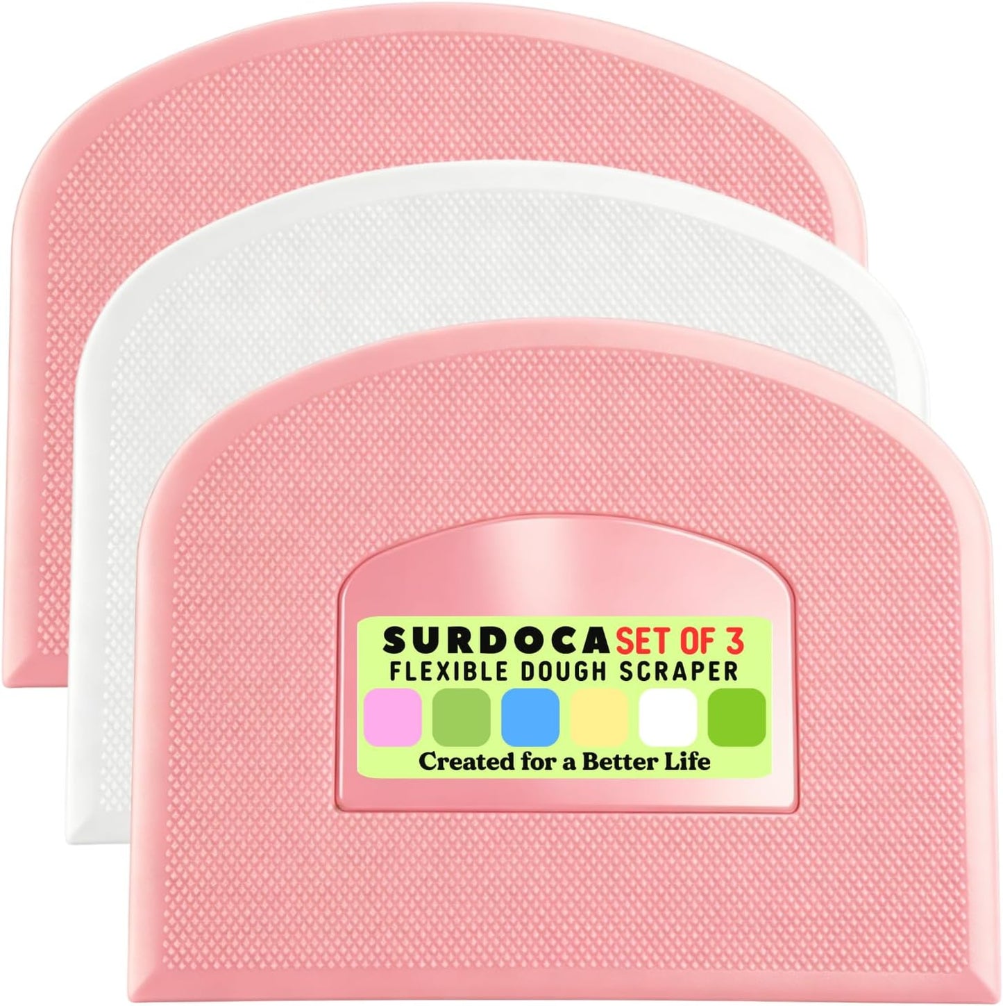 SURDOCA Dough Scraper Bench Scraper - 3P 4.7x3.7" Plastic Flexible Bowl Scraper, Sharp Edge & Angles Cake Scraper. Non-Slip Bakeware Decorating Tools Sculpting & Modeling Tools - Green+White+Green - Colors A