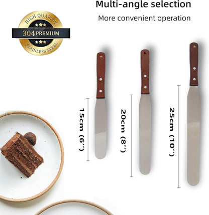 Straight Icing Spatula Stainless Steel Baking Set of 6", 8" & 10" Wooden Handle Cake Decorating Frosting Spatulas