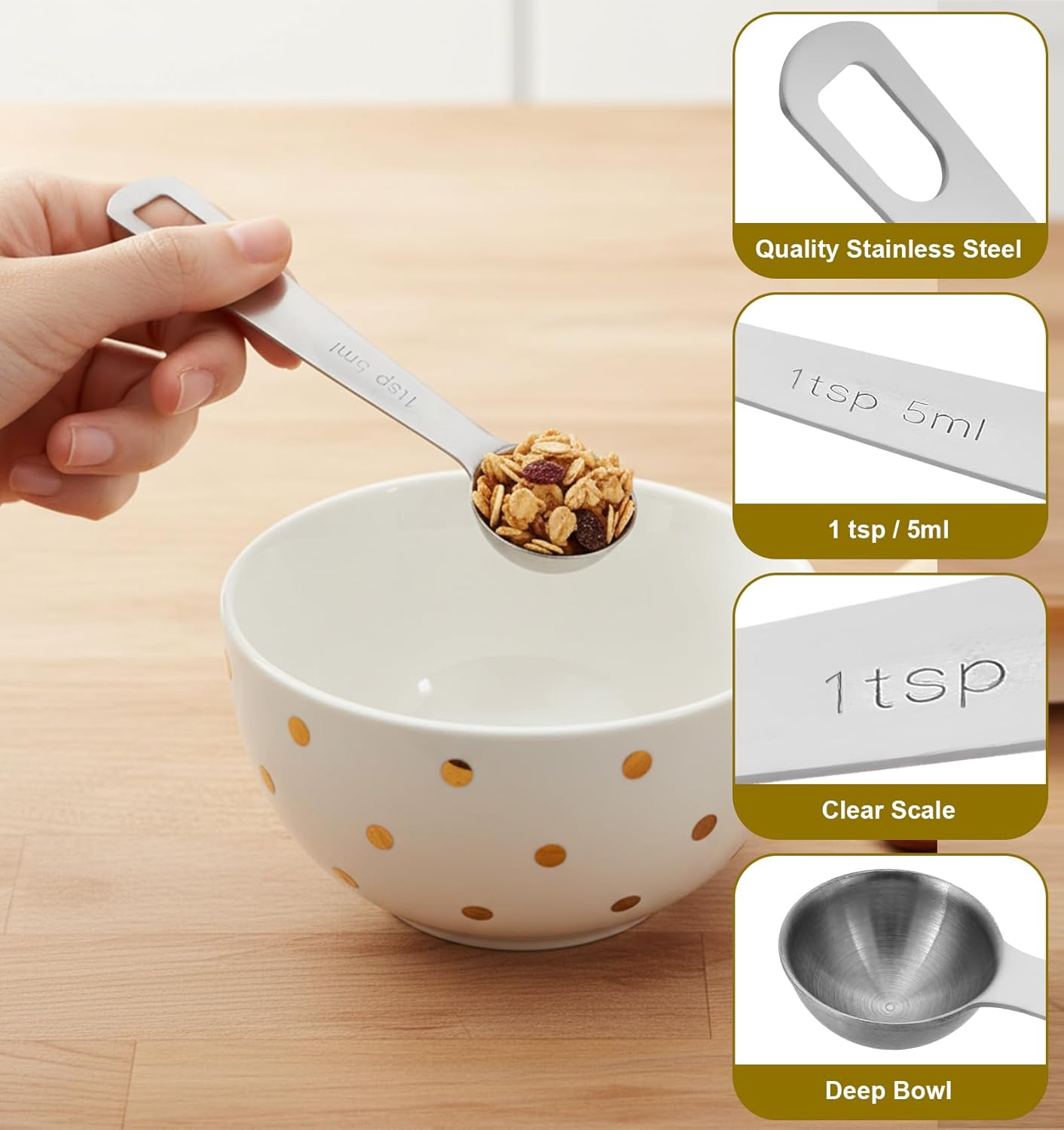 1 Teaspoon Measuring Spoon, 2Pcs Teaspoon Measuring Spoon, Short Handle Stainless Steel Kitchen Tools for Precise Cooking Baking Spices, Easy Pouring Rust Resistant (5ml, Silver)