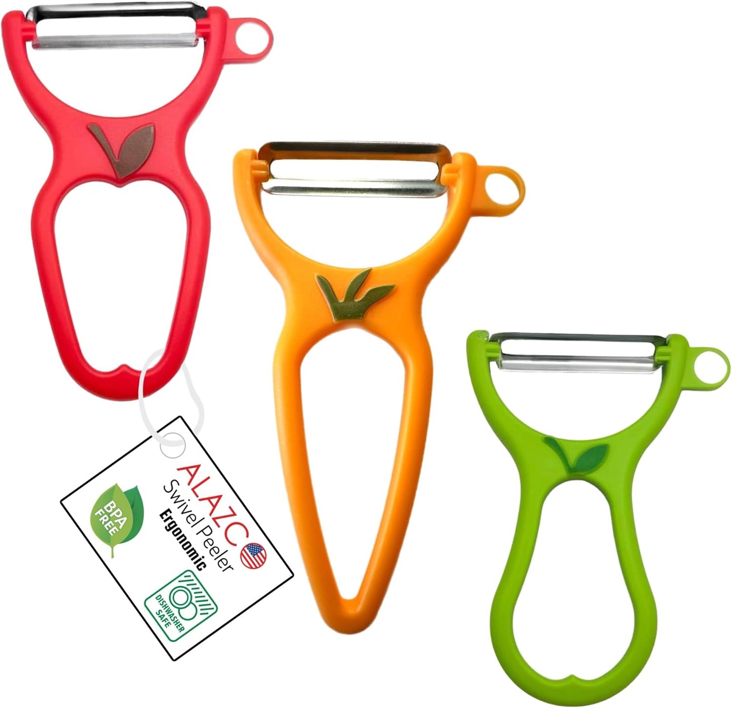 ALAZCO 3 Pack BPA-FREE Premium Swivel Fruit Vegetable Peeler Ergonomic Comfort Hold Handle Ultra Sharp Steel Blades Ideal Kitchen Peelers Potato Carrot Apple Cucumber Veggies Dishwasher Safe
