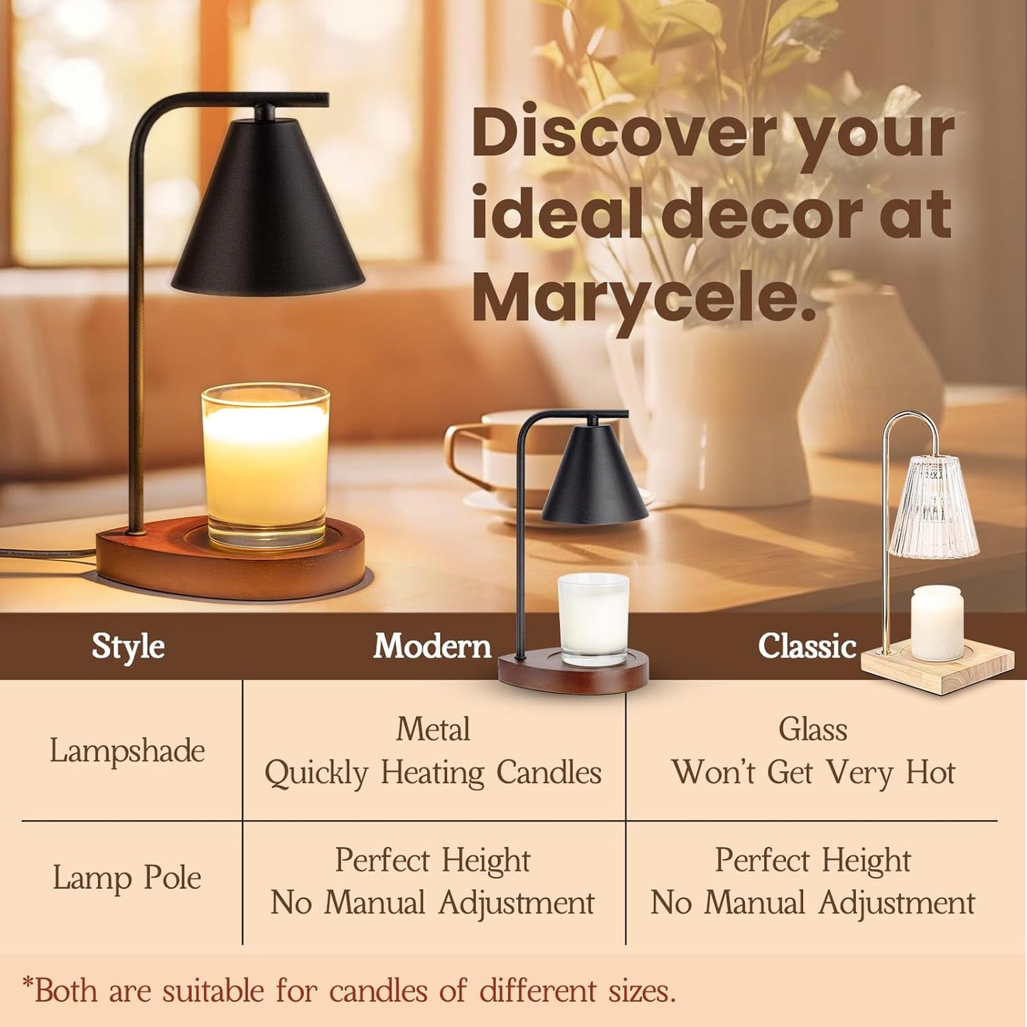 Marycele Candle Warmer Lamp with Timer & Dimmer - Mothers Day Gifts for Women Mom Her, Aesthetic Office Home Decor, Adjustable Height Wax Melter for Candle Jar & 3-Wick Candles (2 Bulbs Included)