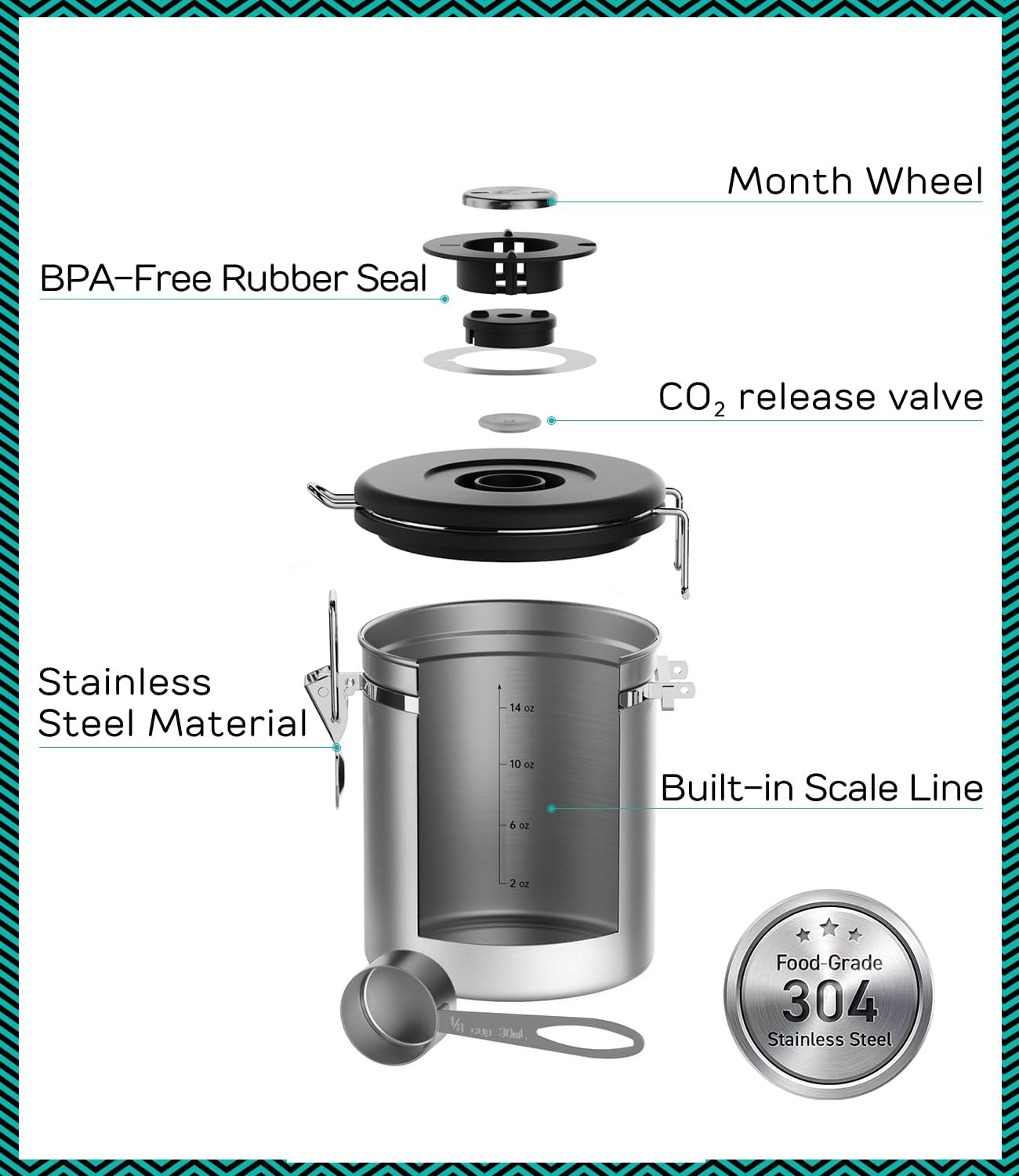 Coffee Gator Stainless Steel Canister - Medium 16oz, Gray Coffee Grounds and Beans Container with Date-Tracker, CO2-Release Valve, and Measuring Scoop - Ideal Coffee Lovers Gifts