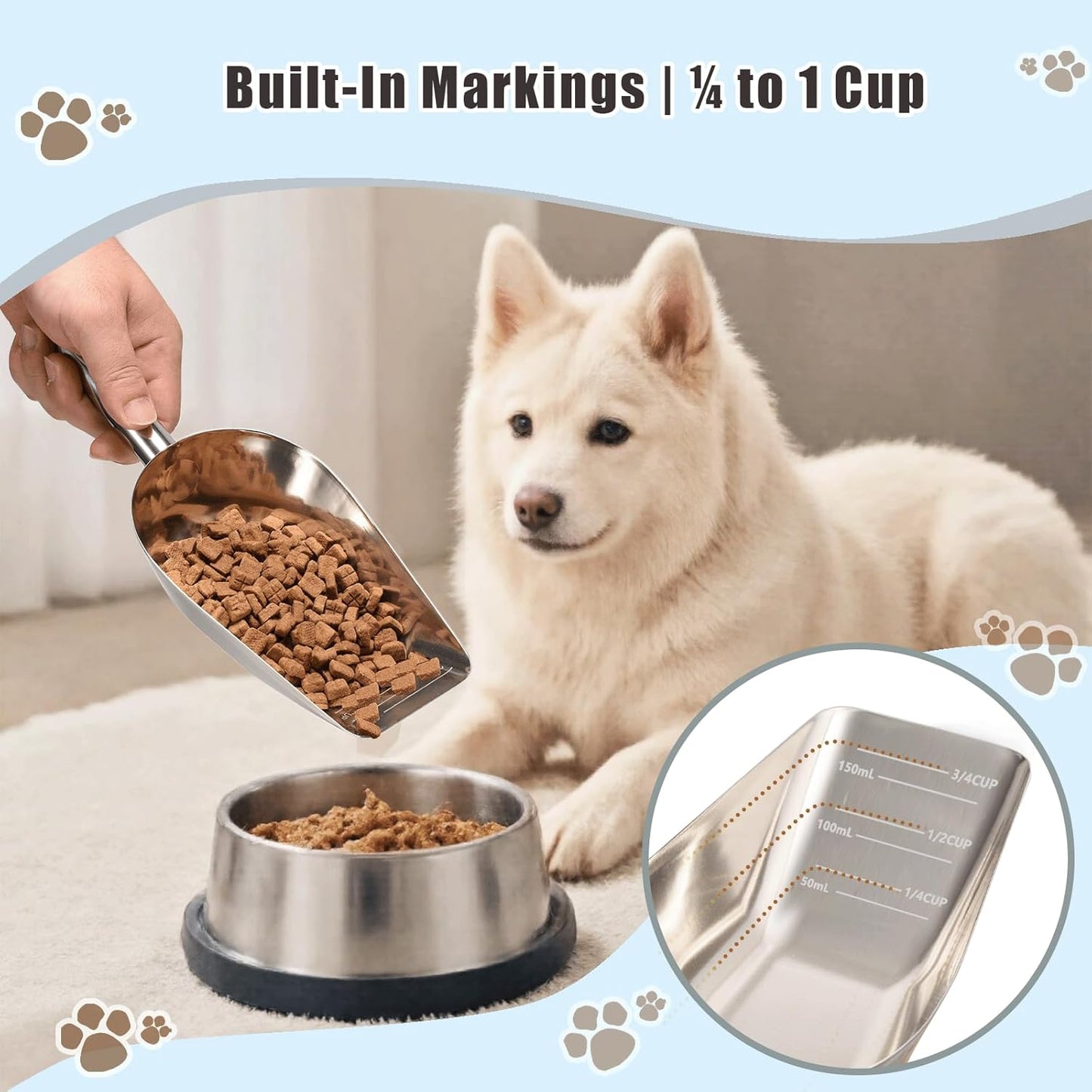 Dog-Cat Food Scoop 1 Cup – Thickened 304 Stainless Steel Pet Food Scoop with Long Handle, Precision Scale, Easy to Clean, Suitable for Wet Dry Food
