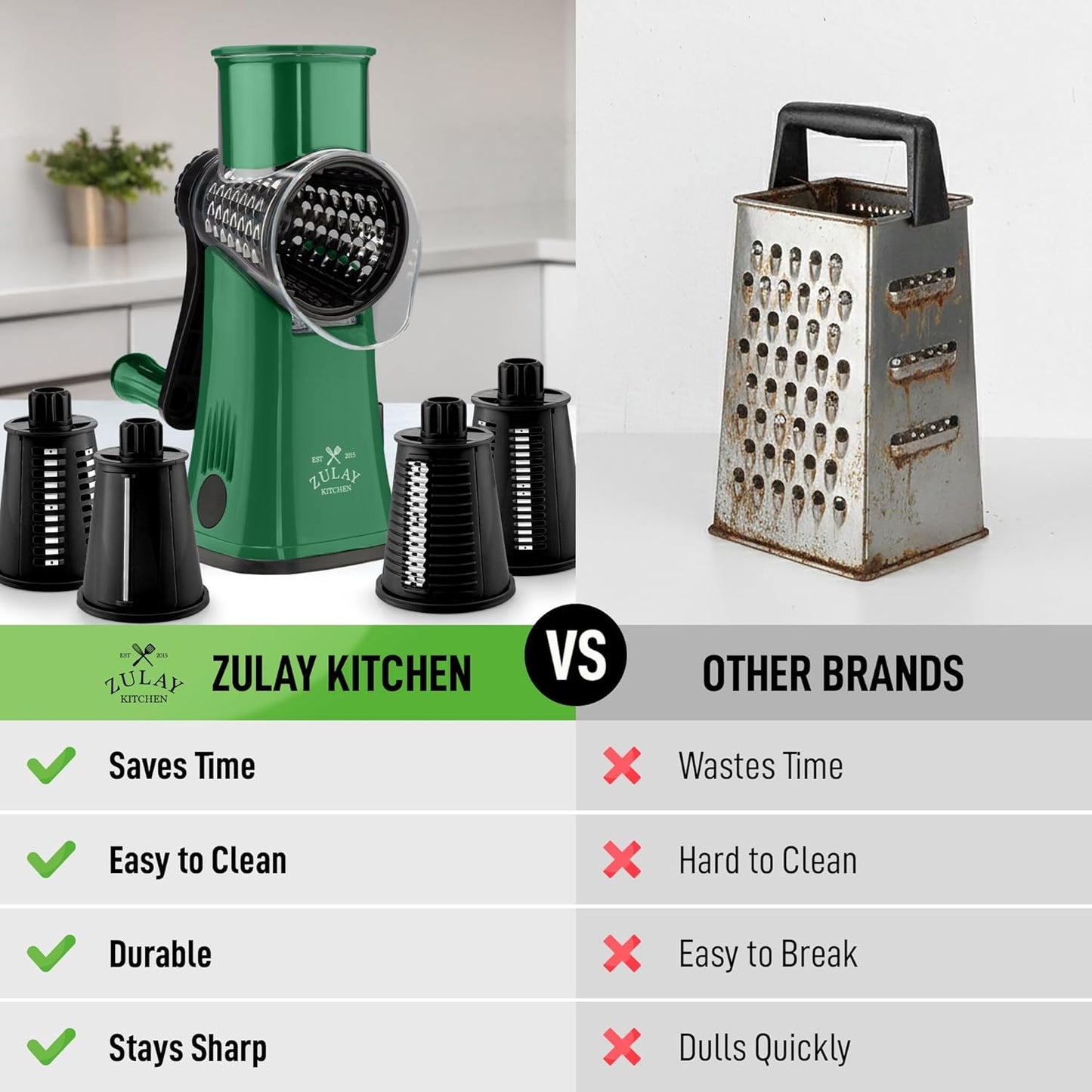 Zulay Kitchen Rotary Cheese Grater 5 Blade Cheese Shredder - Manual Hand Crank Cheese Grater With Reinforced Suction & 5 Interchangeable Drums - Easy to Use, Vegetable Chopper Round Mandoline Slicer - Colors A