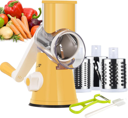 Ourokhome Rotary Cheese Grater Hand Crank, Kitchen Shredder Speed Mandolin Slicer Nut Grinder with Handle and Drum Blades for Cheese, Vegetable, Walnut, Chocolate, Potato, Carrot, 3 Blades, Dark Blue
