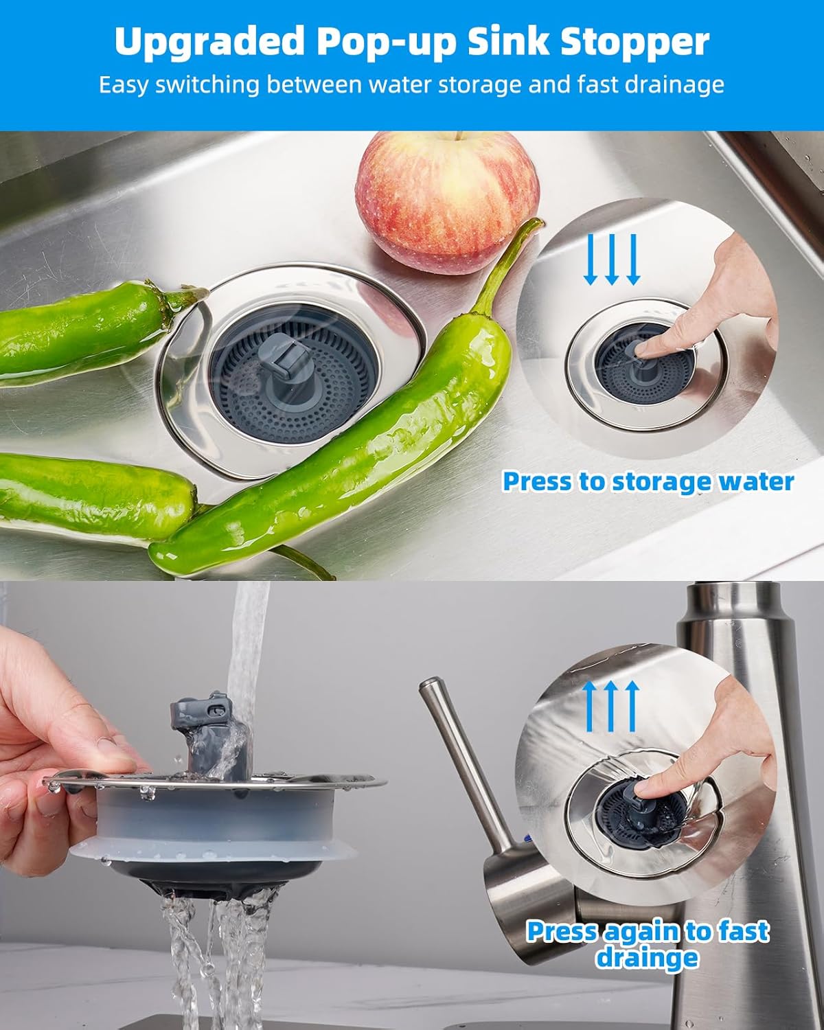 Hibbent Upgraded 3 in 1 Kitchen Sink Drain Strainer and Stopper Combo, Stainless Steel Metal Pop Up Sink Stopper, Anti-Clogging Basket with Foldable Handle for US Standard 3-1/2 Inch Drain