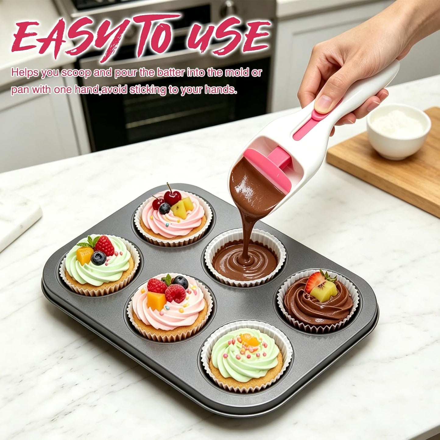 2pcs Pink Pastry Scoop Batter Dispenser with One-Touch Button, Baking & Pastry Dispensing Tool for Muffins, Cupcakes, Cookie Dough & Pancakes, BPA Free Dishwasher Safe Kitchen Gadget