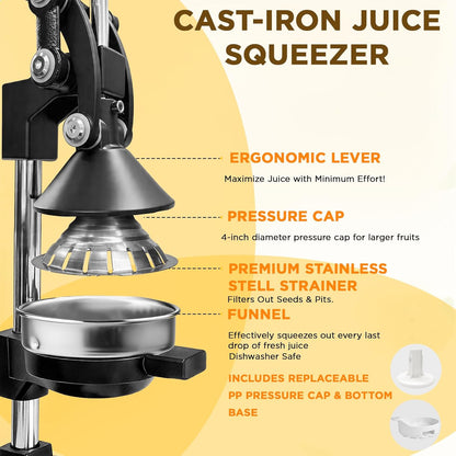 Cast Iron Juicer,Manual Juicer Hand Press,Orange Lemon Squeezer,Heavy Duty Manual Juicer,Professional Citrus Juicer Fruit Juice -Stainless Steel,Easy to Clean Black