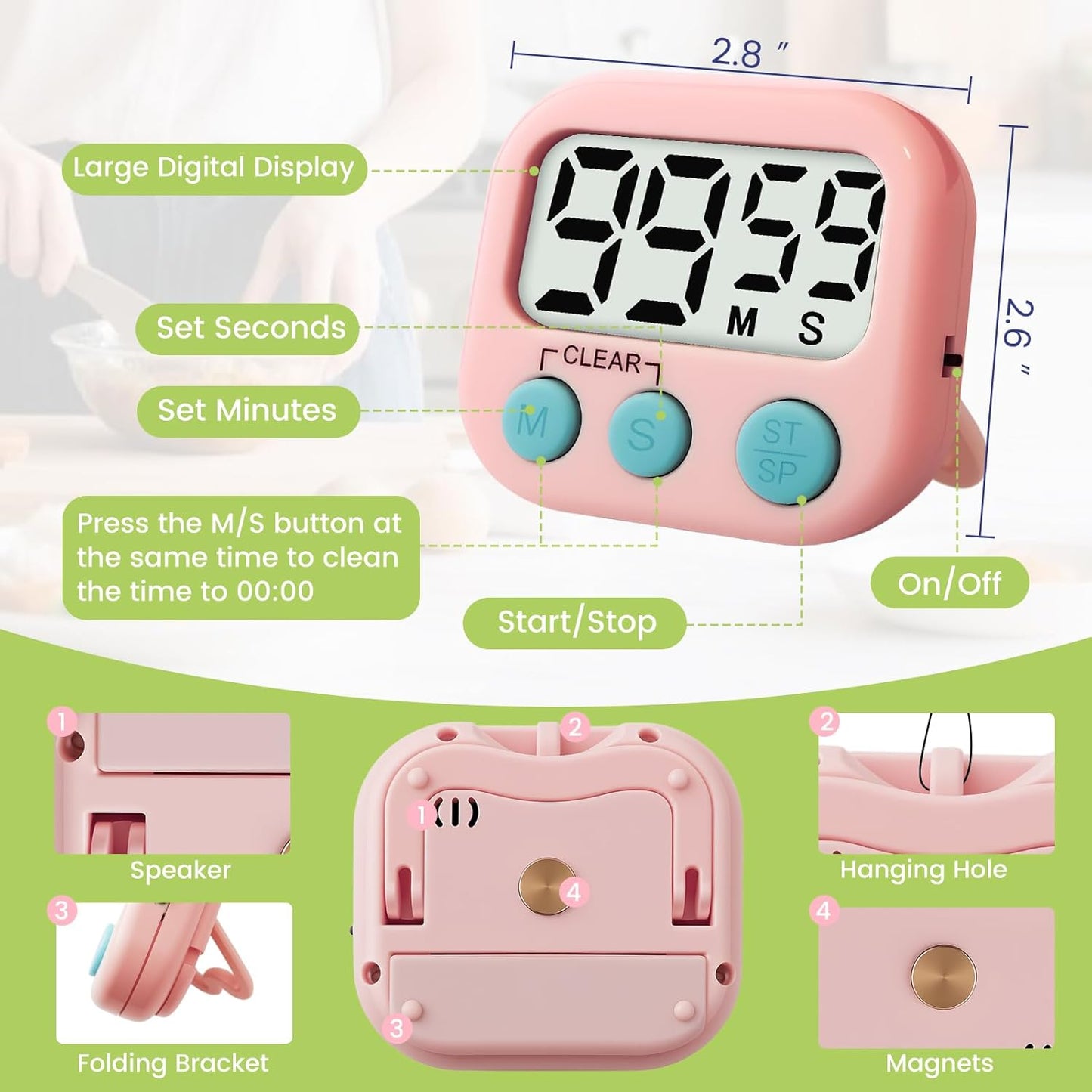2 Pcs Digital Timer for Kids, Magnetic Countdown Kitchen Timer, Upgrade Loud Alarm Timers for Cooking, Kitchen, Exercise, Work, Study, Classroom, Outdoor Activities, Battery not Including