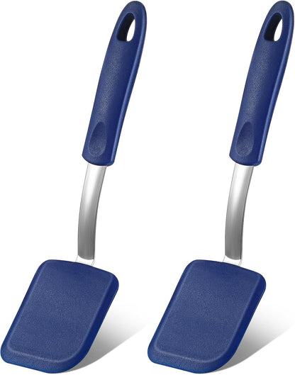 Silicone Cookie Spatula Turner 2 Pack Mini Brownie Spatula Flexible Kitchen Small Silicone Turner for Nonstick Cookware Heat Resistant No Scratch Flipper for Pancake(Solid Flat,Gray, Blue)