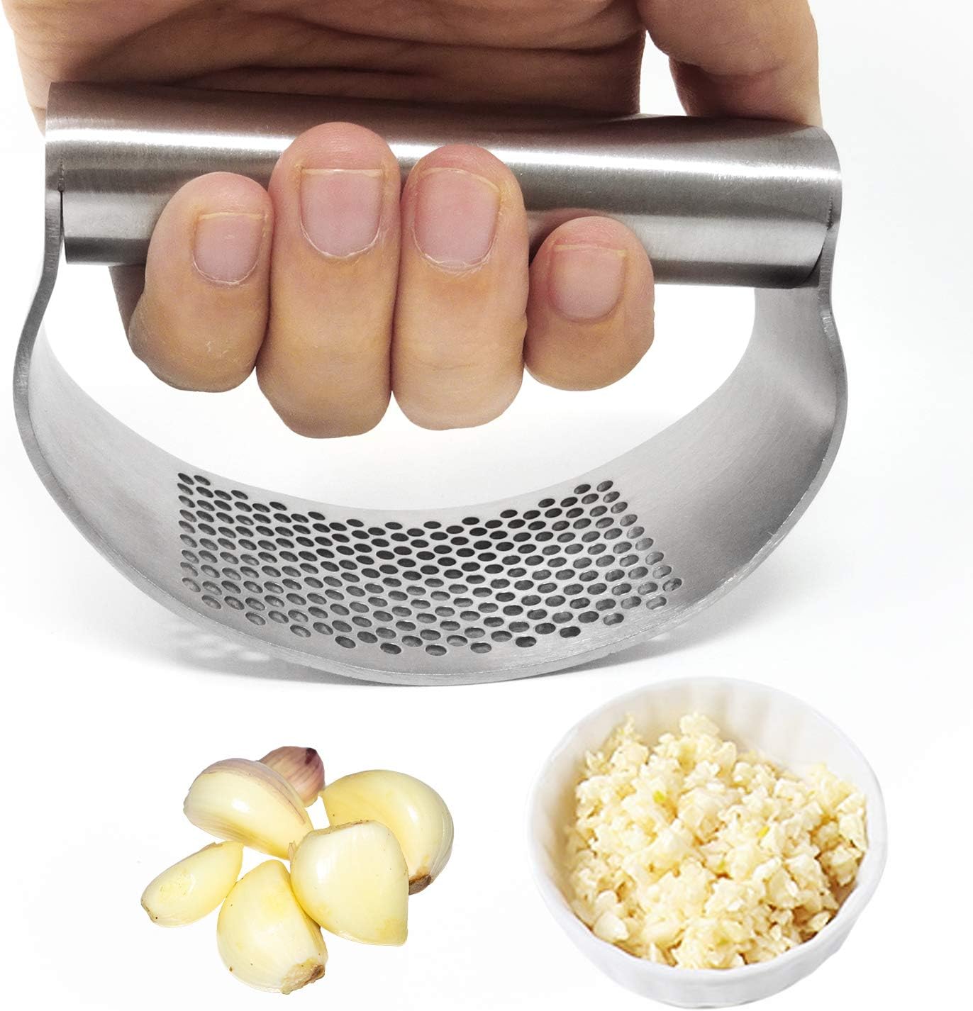 "Honbay 1PCS Stainless Steel Garlic Press Rocker Manual Garlic Crusher Garlic Easy Grip Mincer Ginger Press Squeezer Kitchen Tools for Home and Restaurants, Dishwasher Safe (4.2"")"