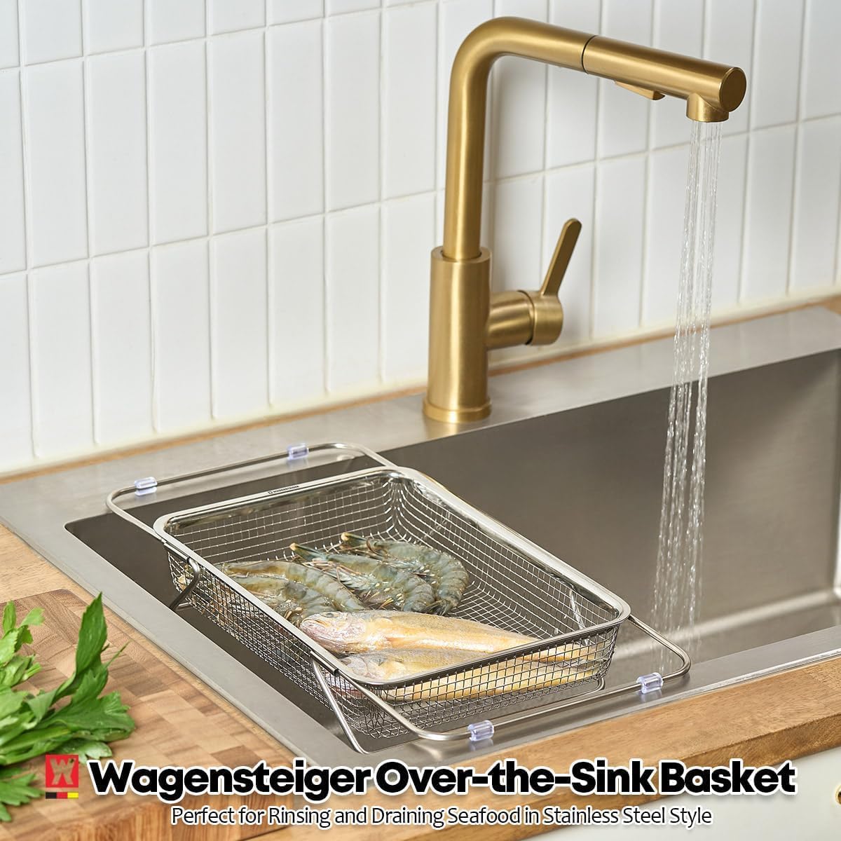 WAGENSTEIGER Extendable Dish Rack with Feet, Vegetable Colander Basket, Stainless Steel Dish or Silverware Drying Rack, Ultimate Kitchen Organizer Over the Sink (12.40 x 5.12 x 2.36 Inches)