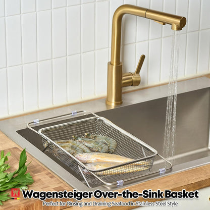 WAGENSTEIGER Extendable Dish Rack with Feet, Vegetable Colander Basket, Stainless Steel Dish or Silverware Drying Rack, Ultimate Kitchen Organizer Over the Sink (12.40 x 5.12 x 2.36 Inches)