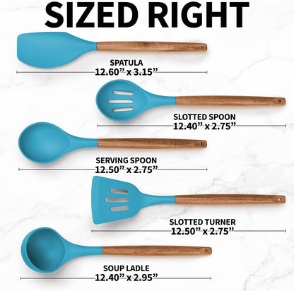 Zulay Kitchen Utensils Set Non-Stick Silicone Cooking Utensils Set with Authentic Acacia Wood Handles - 5 Piece Silicone Utensil Set - Kitchen Utensils Set with 464°F Heat Resistance - Gray