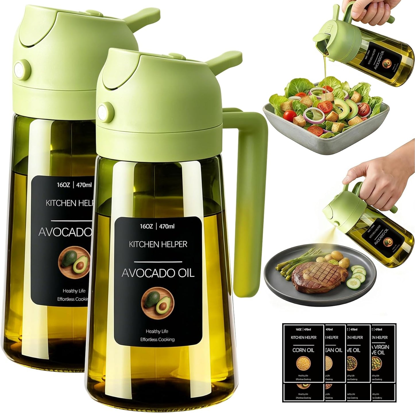 Poshetion 2 in 1 Olive Oil Sprayer for Cooking, 16oz Light-Proof Oil Dispenser for Kitchen, Leak-Proof Oil Spray Bottle for Air Fryer, Salad, BBQ, Baking, Grilling - Black & Green