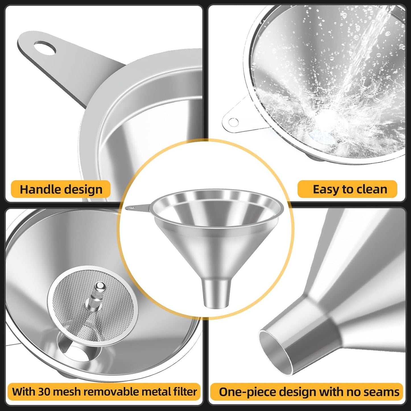 Serinar 2-Piece Stainless Steel Kitchen Funnel Set with 1-Inch and 0.5-Inch Ports for Transferring and Filling Liquids, Coffee Beans, Spice Blends, and Powders Easy to Clean!