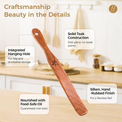 2 Pack Spurtle for Sourdough Starter, Danish Dough Whisk and Jar Spatula, Solid Teak Wood for Mixing, Scraping Jars and Bread Making Tools, Wooden Kitchen Utensils for Non-Stick Cookware