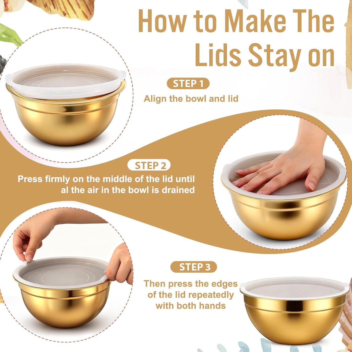SHENLIU 5 Pcs Gold Mixing Bowls with Airtight Lids, Stainless Steel Mixing Bowl with Colander Metal Nesting Organizers for Kitchen Prepping Serving Food, Non-slip Bottom Size 5.5, 3.6, 2.7, 2.1Qt