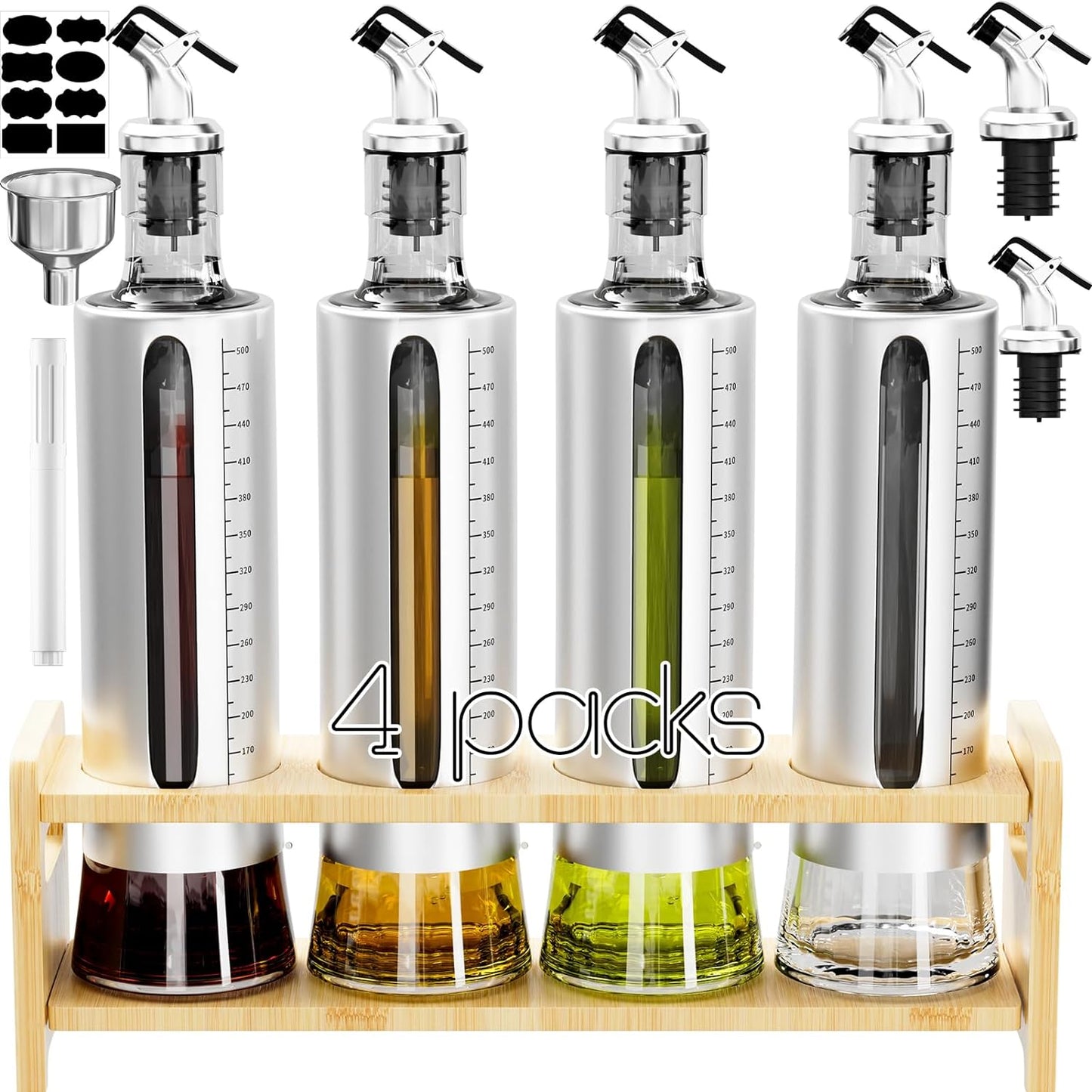 SINYWAY Oil Dispenser Bottle, 4 Pack Glass Olive Oil Dispenser Bottle with Shelf, 17oz/500 ml Oil and Vinegar Dispenser Set Wrapped in Stainless Steel Shell with Pourers, Funnel & Pen and Tags
