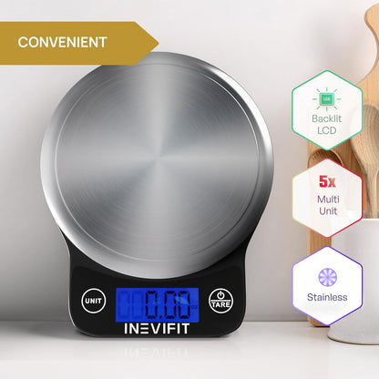 INEVIFIT Digital Kitchen Scale, Highly Accurate Multifunction Food Scale 13 lbs 6kgs Max, Clean Modern Black with Premium Stainless Steel Finish. Includes Batteries