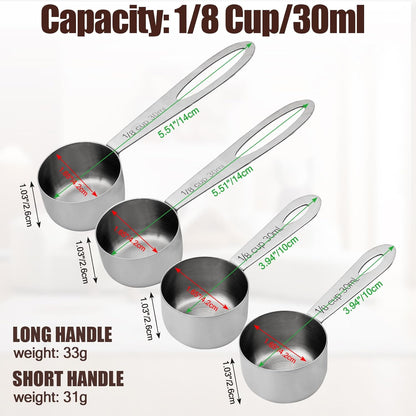 Luomorgo 4 Pcs Stainless Steel Measuring Scoops - 1/8 Cup (30ml) Long/Short Handle Scoop for Coffee, Tea, Baking, Kitchen
