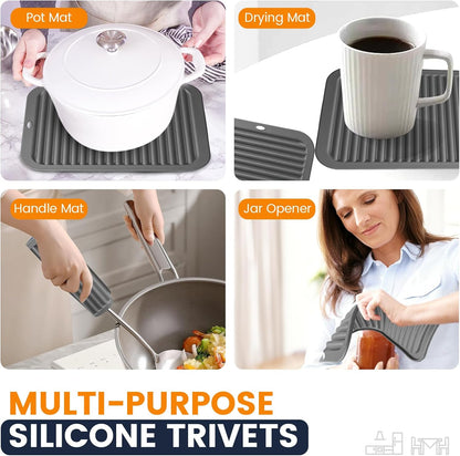 Silicone Trivet Mats 4 Heat Resistant Pot Holders Multipurpose Non-Slip Hot Pads for Kitchen Potholders, Drying mat, Jar Opener, Spoon Holder, Coaster.(Dark Grey)