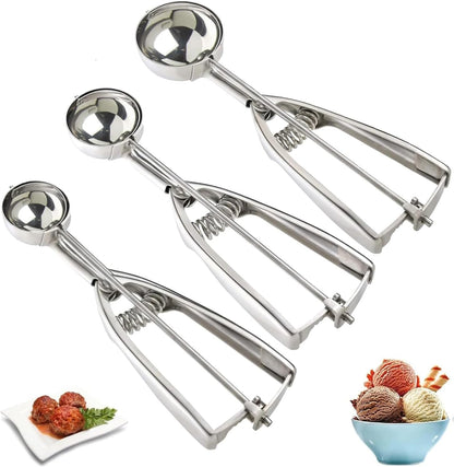 Coraltree Ice Cream Scoop, 3Pcs Cookie Scoop Set, Small/Medium/Large Stainless Steel Scoops, Professional Scoop with Trigger Release for Baking, Cookie, Fruit and Ice Cream