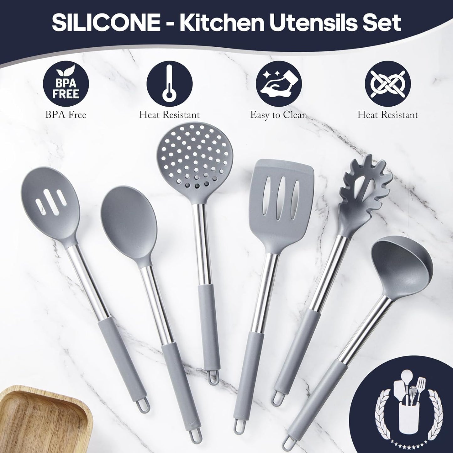 Silicone Kitchen Utensils Set 34 Pieces 450 °F Heat Resistant - Grey Cooking Utensils-Set for Nonstick Cookware - Silicone Spatulas Set, Stainless Steel Handle & Other Kitchen accessories