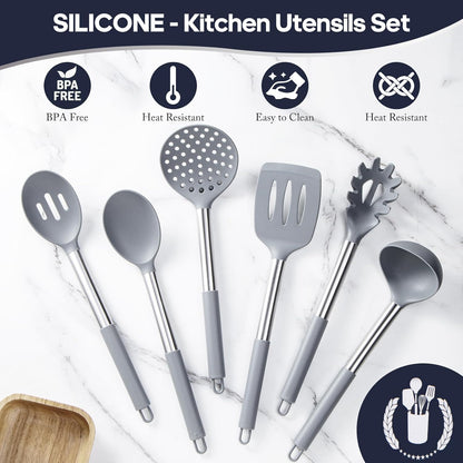 Silicone Kitchen Utensils Set 34 Pieces 450 °F Heat Resistant - Grey Cooking Utensils-Set for Nonstick Cookware - Silicone Spatulas Set, Stainless Steel Handle & Other Kitchen accessories