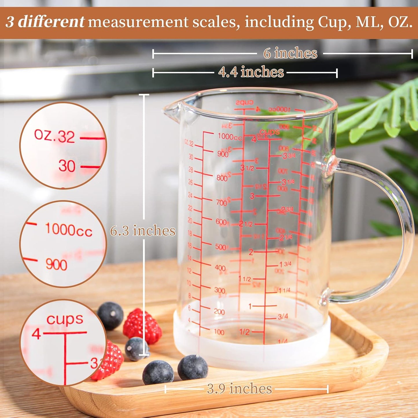 Newness 2-Cup Glass Measuring Cup For Baking and Cooking, (Upgraded, 3 Marking Including Cup/ML/Ounce Scale) Dishwasher, Freezer, Microwave, and Preheated Oven Safe, Essential Kitchen Tools
