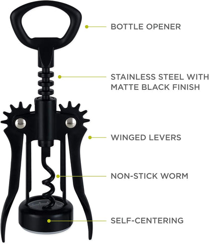 True Soar Winged Corkscrew Wine Opener, Multi-Purpose Bottle Opener for Beer and Soda, Stainless Steel with Chrome Finish, Easy to Remove Cork for Bartenders, Home Bar, Kitchen, Set of 1, Matte Black