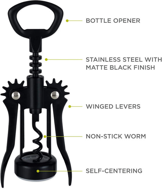 True Soar Winged Corkscrew Wine Opener, Multi-Purpose Bottle Opener for Beer and Soda, Stainless Steel with Chrome Finish, Easy to Remove Cork for Bartenders, Home Bar, Kitchen, Set of 1, Matte Black