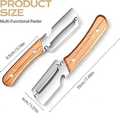 2026 Upgrade 3-in-1 Veg Peeler, Wood Handle Thick Stainless Steel Wide Blade, Scallion Shredder & Bottle Opener, Ultra-Sharp Multi Peeler for Potato Carrot Kitchen Camping Travel (1pcs+1ps)