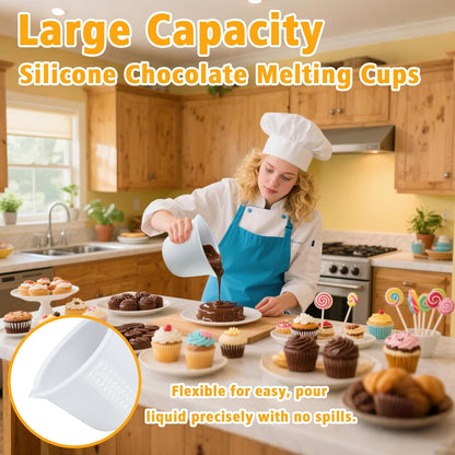 Palksky Silicone Chocolate Melting Cup Set with 4 Silicone Measuring Cups (250ml & 350ml) and 4PCS Heat-Resistant Jar Spatulas, Non-Stick Baking Tools for DIY Chocolate, Butter & Cream Mixing