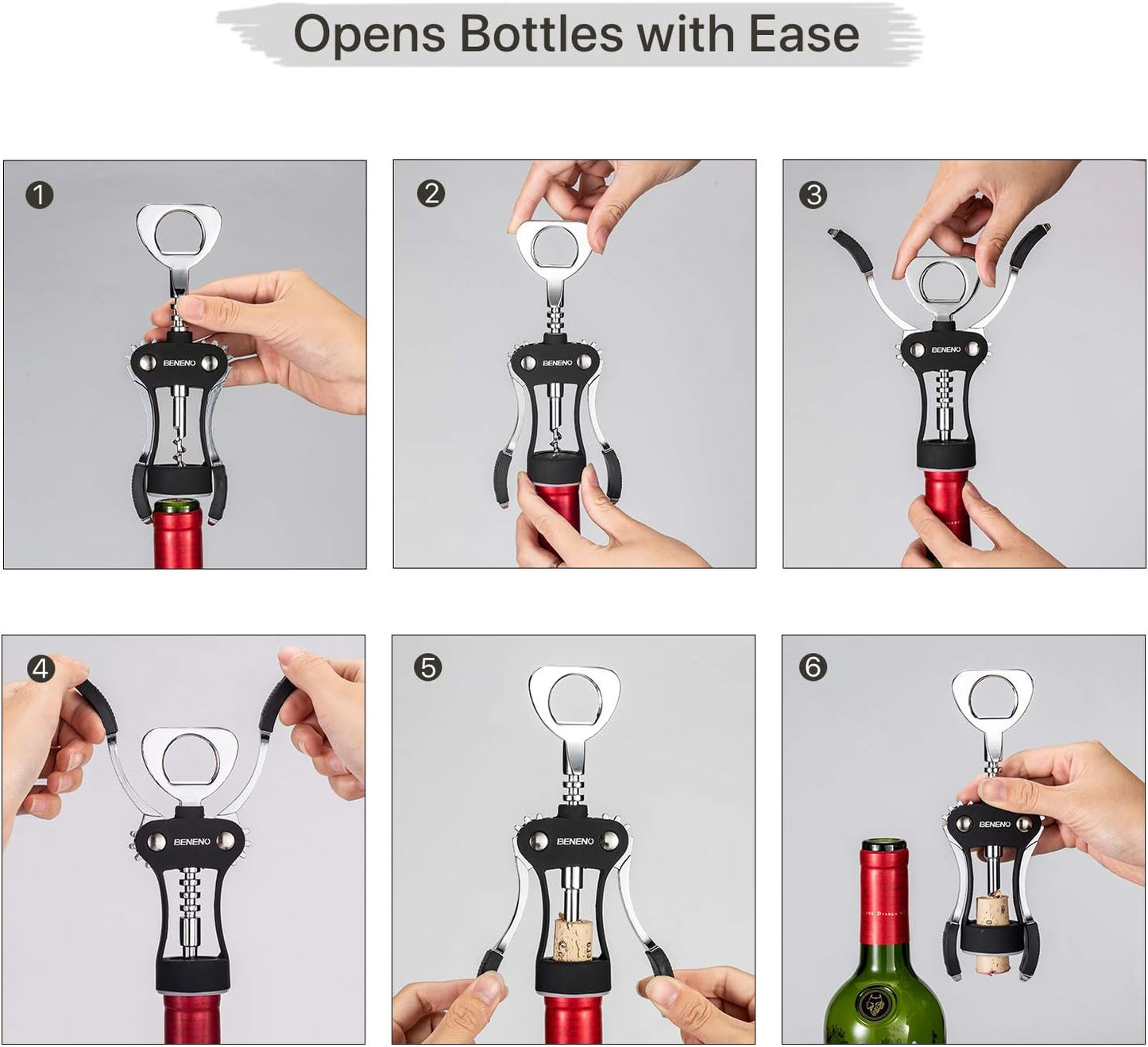 Beneno Wine Opener, Zinc Alloy Premium Wing Corkscrew with Multifunctional Bottles Opener, Sharp Wine Corkscrew with Ergonomic Non-Slip Wing Handle, Silver