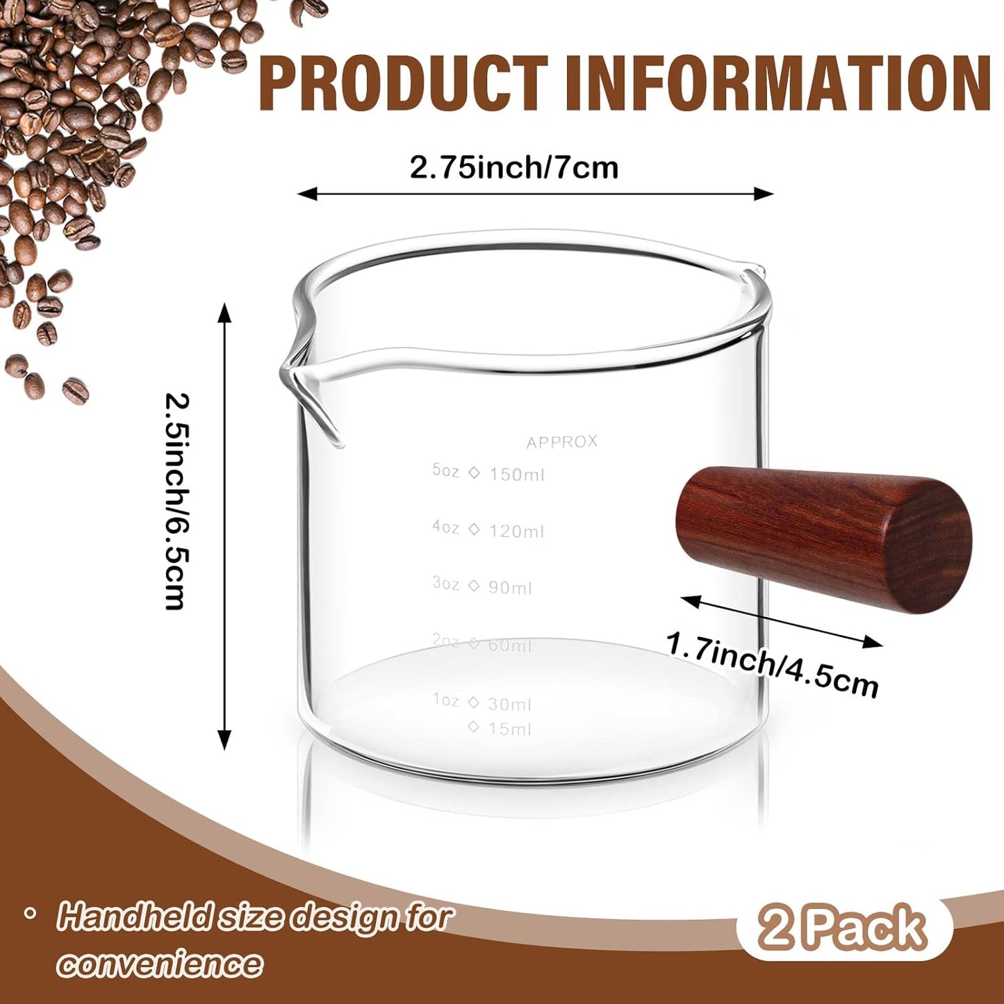 2 Pack Espresso Cups 5oz, Expresso Shots Cup, Double Spouts Cups, Shot Glasses with Wood Handle Measuring Triple Pitcher Milk Cup Clear Measuring Coffee Shot Glass for Barista Coffee Measure