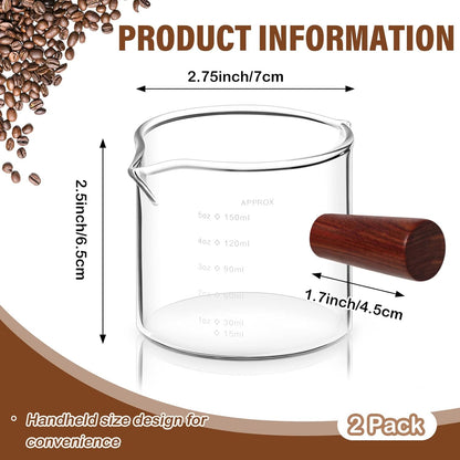2 Pack Espresso Cups 5oz, Expresso Shots Cup, Double Spouts Cups, Shot Glasses with Wood Handle Measuring Triple Pitcher Milk Cup Clear Measuring Coffee Shot Glass for Barista Coffee Measure