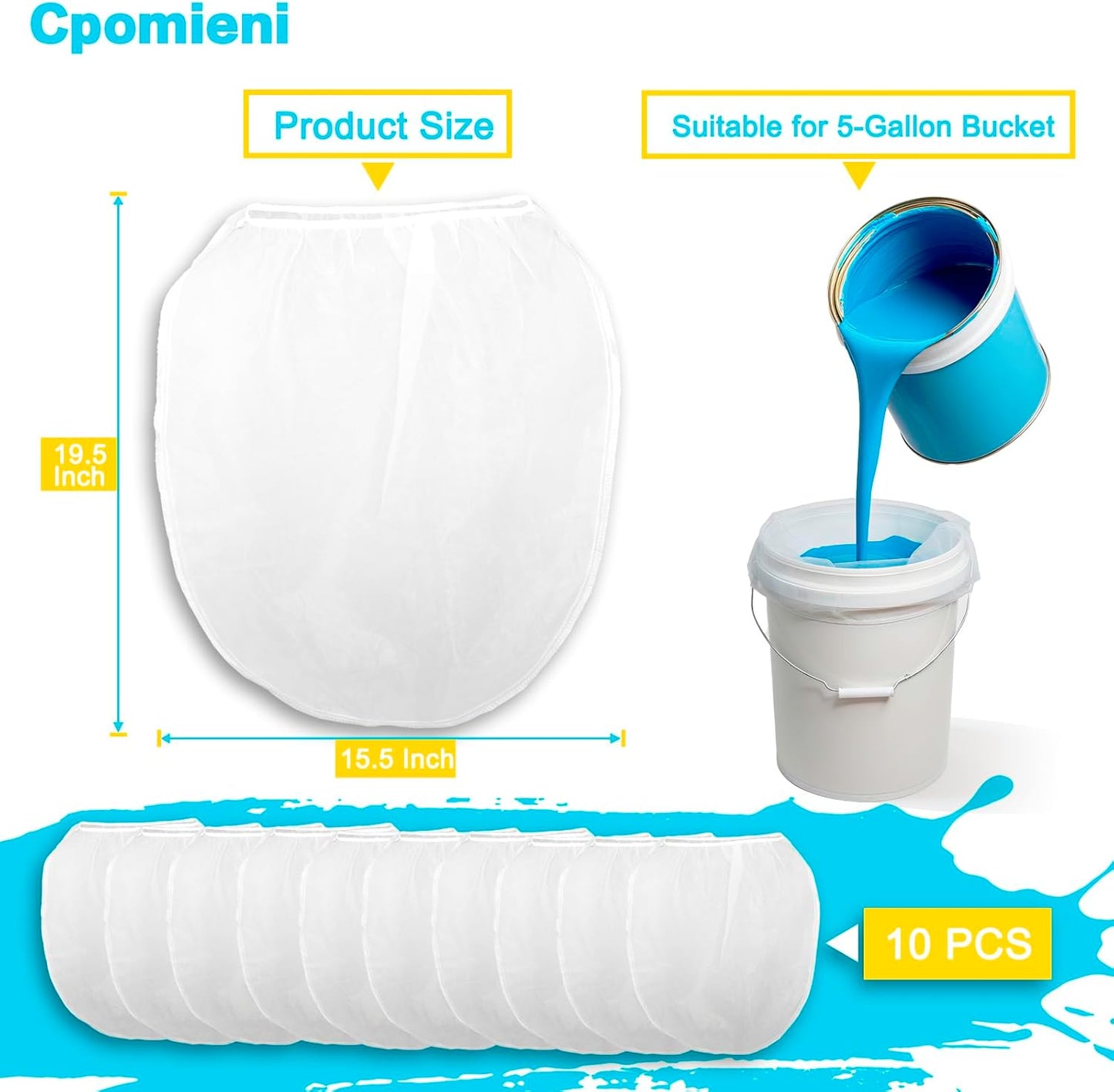 10 PCS Paint Filter Bags, 5 Gallon White Fine Mesh Strainer Bags, Elastic Top Opening Mesh Bag for Paint, Gardening & Hydroponics