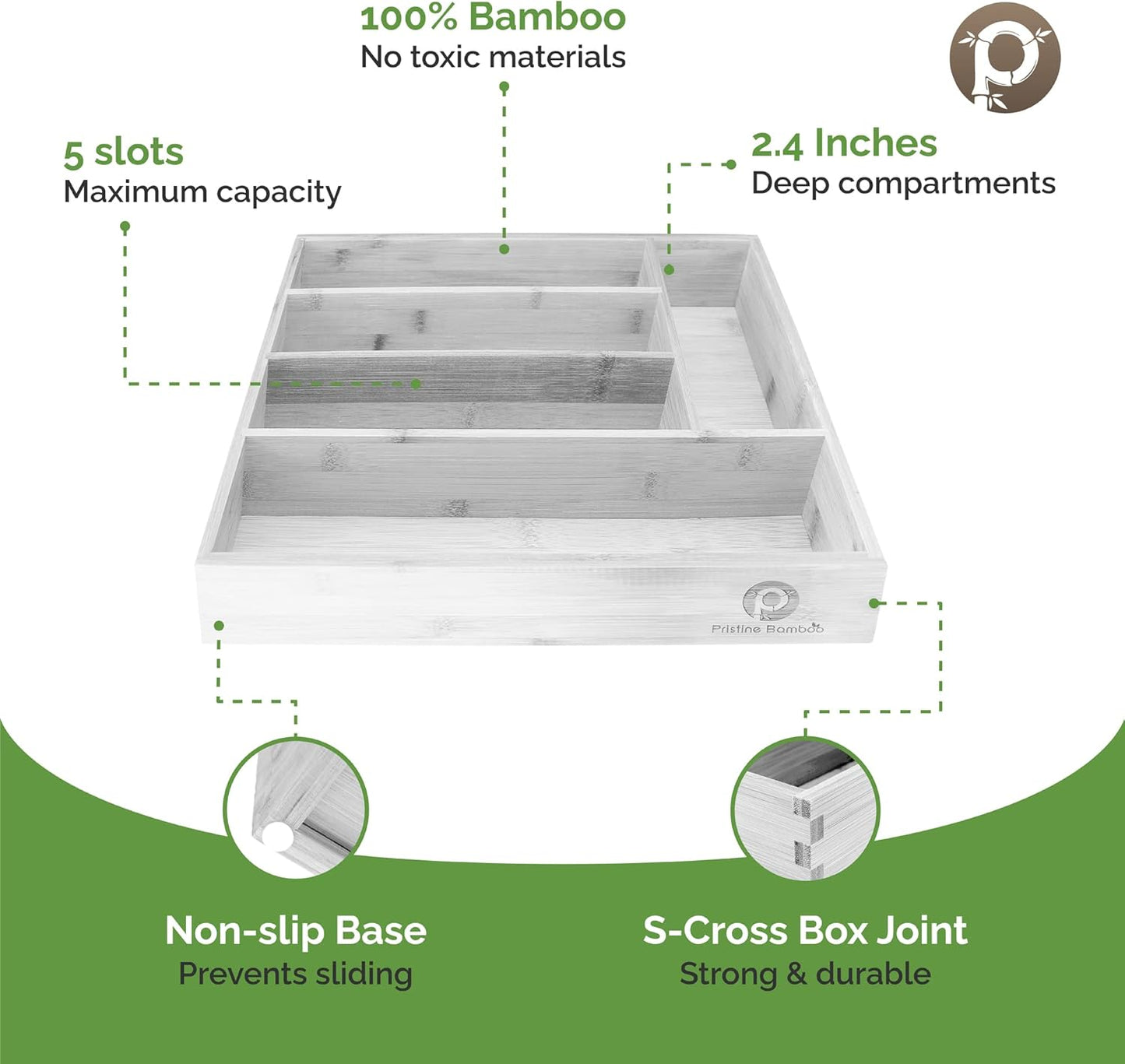 Pristine Bamboo Silverware Organizer - Small Extra-Deep Wooden Kitchen Drawer Organizer Divider for Spoons, Forks, Knives & Cutleries - 5 Slots