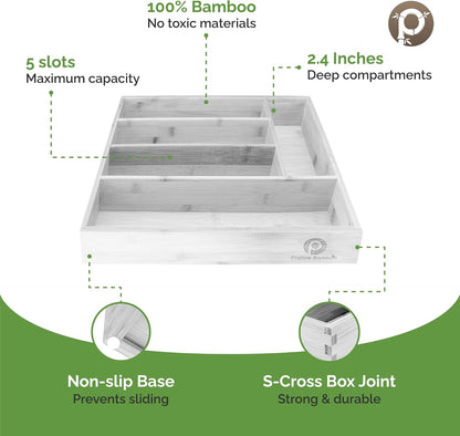 Pristine Bamboo Silverware Organizer - Small Extra-Deep Wooden Kitchen Drawer Organizer Divider for Spoons, Forks, Knives & Cutleries - 5 Slots