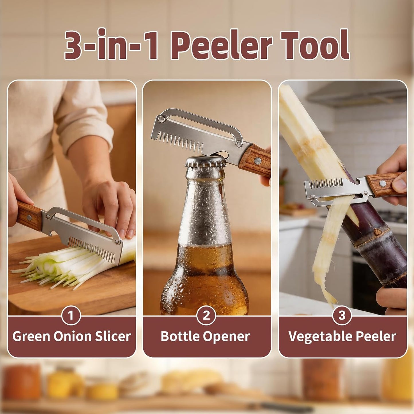Multifunctional Vegetable Peeler, 3 in 1 Julienne Peeler with Wooden Handle, Vegetable Shredder with Bottle Opener Kitchen Tool for Peeling Veggie Fruit Pineapple Pumpkin Papaya Carrrot(2 Pack)
