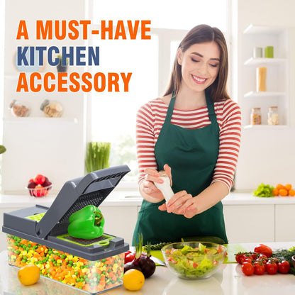 Multifunction Vegetable Chopper, 8 Blades Vegetable Slicer, Onion Chopper Cutter Dicer Egg Separator Grater Slicer with Push Button, Hand Guard, Large Capacity Container